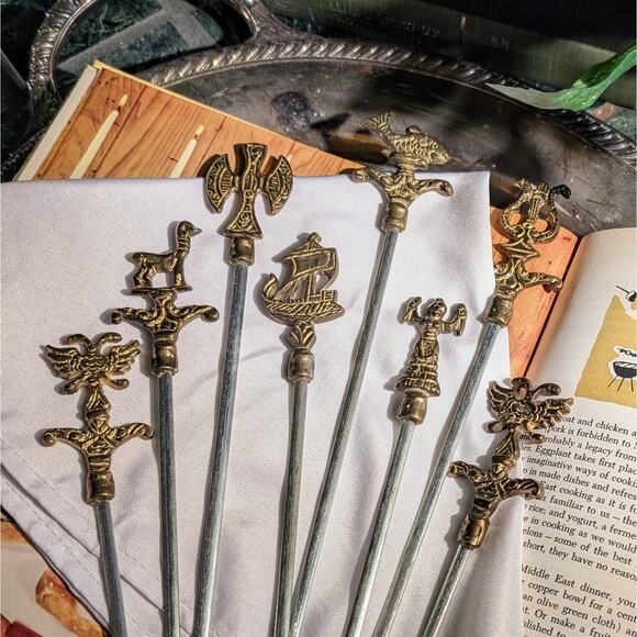 8 Vintage MCM Grecian Minoan 16" Solid Brass & Steel BBQ Shish Kebab Skewer Set - Picture 3 of 9